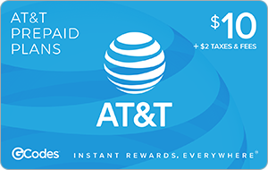 GCodes® AT&T Prepaid Plan -$10 + $2 Taxes & Fees